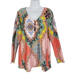 Melissa Paige Long Sleeve Tunic Blouse Top Size M Paisley V-Neck Colorful